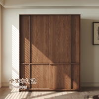 全实木橡木推拉门移门衣柜家用卧室简约现代小户型胡桃色衣柜衣橱